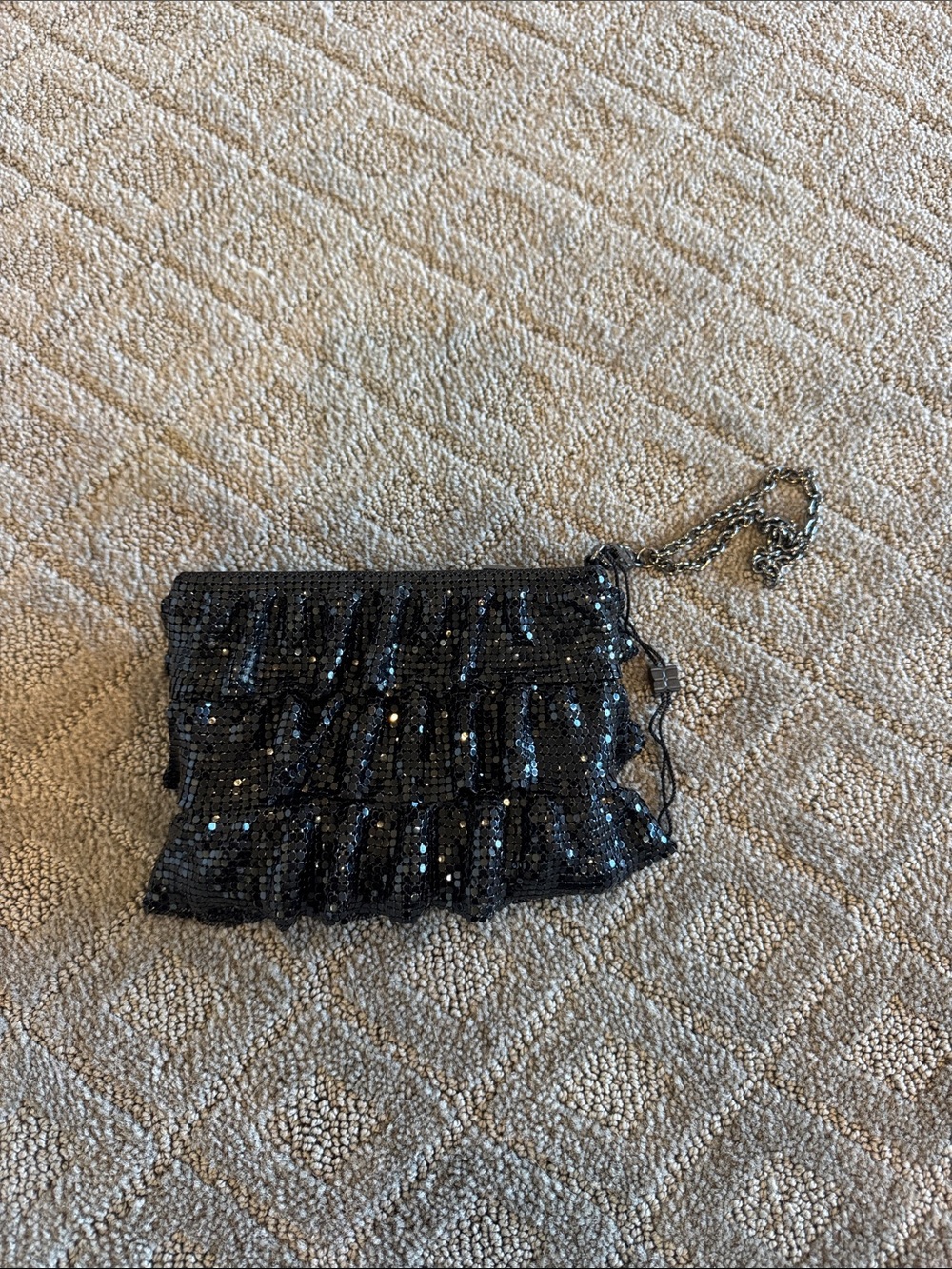 BCBGMaxAzria Black Sequin Ruffle Clutch with Chain